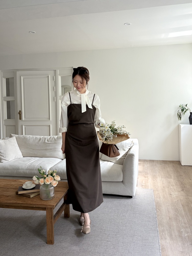 Gathered Adjustable Cami Dress (Brown)