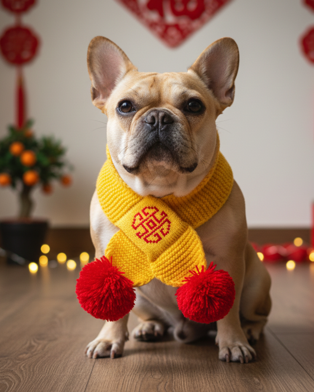 T912Y 賀年冷頸巾 - 黃色配紅毛球 New Year cold scarf - yellow with yellow fur balls