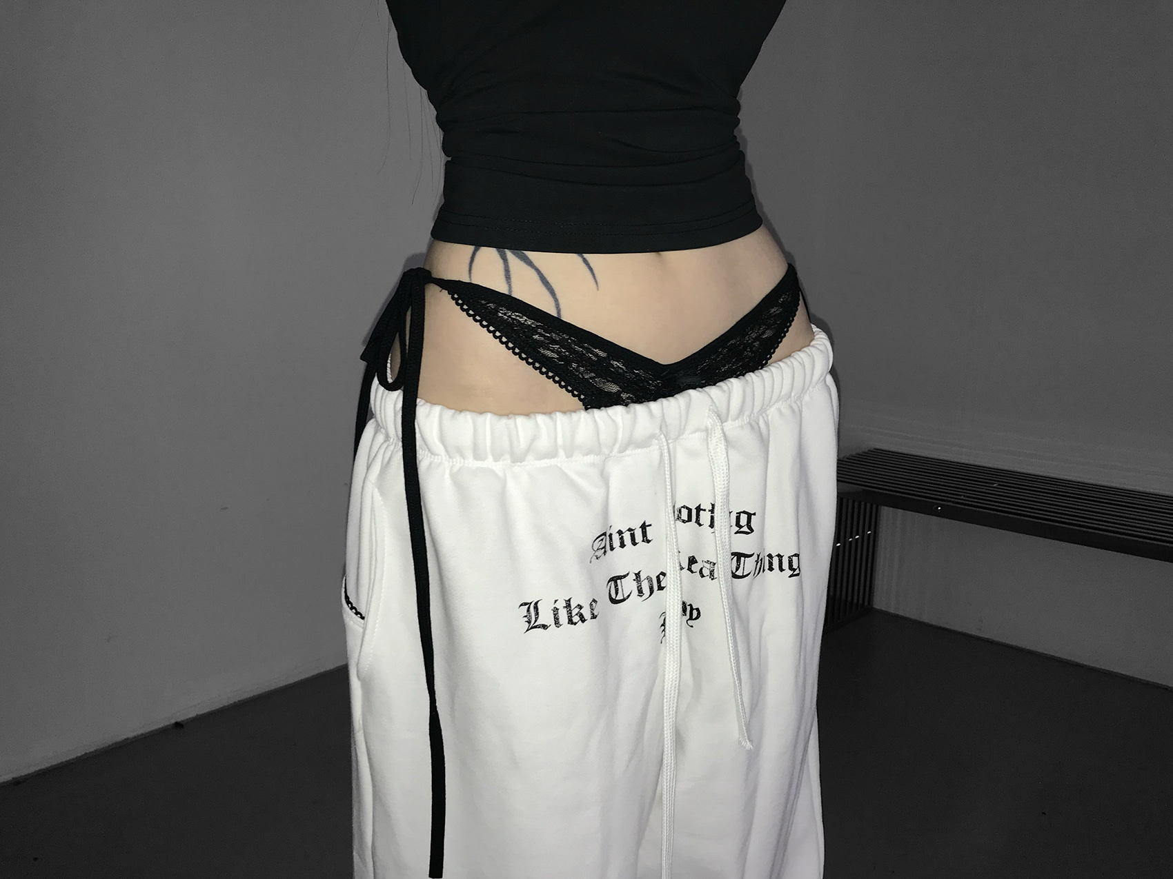 Layered Lace Waist Graphic Wide Leg Pants