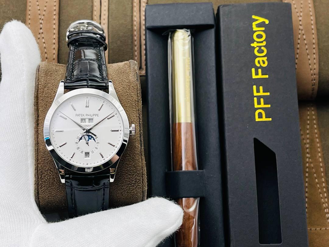 市场最高版本 百达.翡丽复杂功能计时5205G腕表！ 1⃣️历经两年不断对机芯进行改造与调试，一贯追求以原装工艺为目标！ 2⃣️直径38.5MM！ 3⃣️功能同原装一致，月相/星期/月份/日历！ 4⃣️字面为高难度双色渗透，非普通厂工艺！ 5⃣️蓝宝石玻璃镜面，表面镀多一层通透！ 6⃣️（技术突破)采用海鸥机芯改进为一体Cal.324S机芯！ 大小夹板均能做到完美倒角效果，并做镀铑加工。 7⃣️夹板采用瑞士进口宝石轴承点缀，色泽纯良，鲜艳自然。