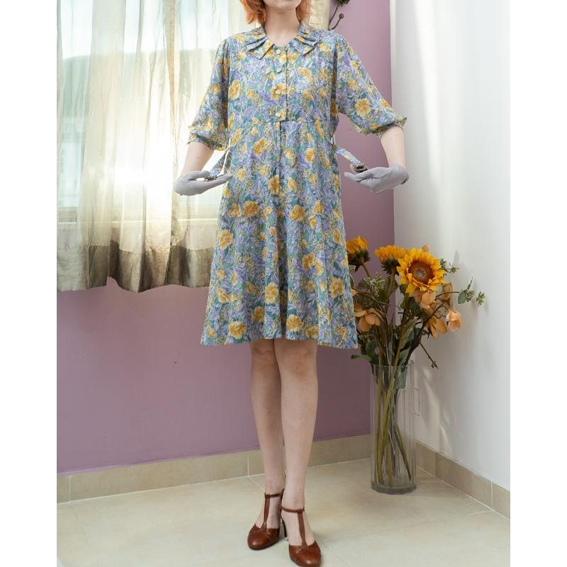 Vintage Japanese Floral Pleated Collar Chiffon Texture Day Dress with Original Belt (MT1840-19)