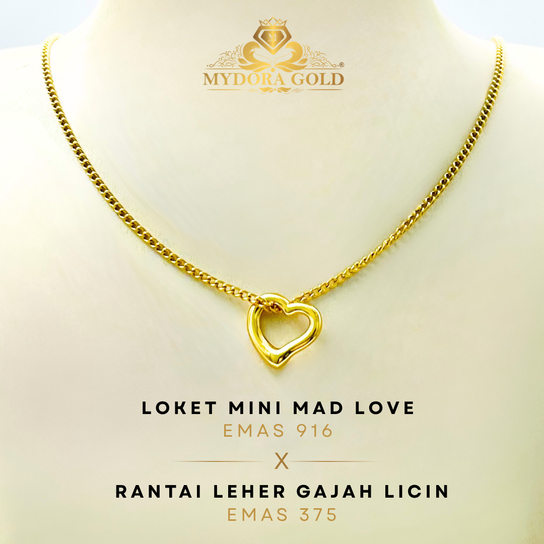 MYDORA Golden Duo Set – Rantai Leher Gajah Licin (58cm) Emas 375 + Pendant Emas 916