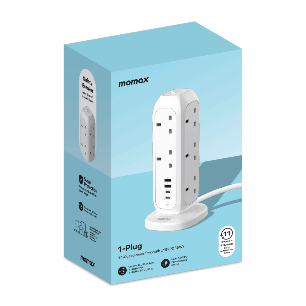 MOMAX 1‑Plug PD35W 11位拖板 US11A｜PD 快充・11 插位・過載保護・家居/辦公必備拖板｜香港行貨