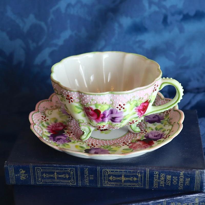 RARE! Antique Pre-Nippon Era Hand-painted floral &Relief Dot Pattern Three-legged Tea Set Duo - Eggshell porcelain(MT1569)