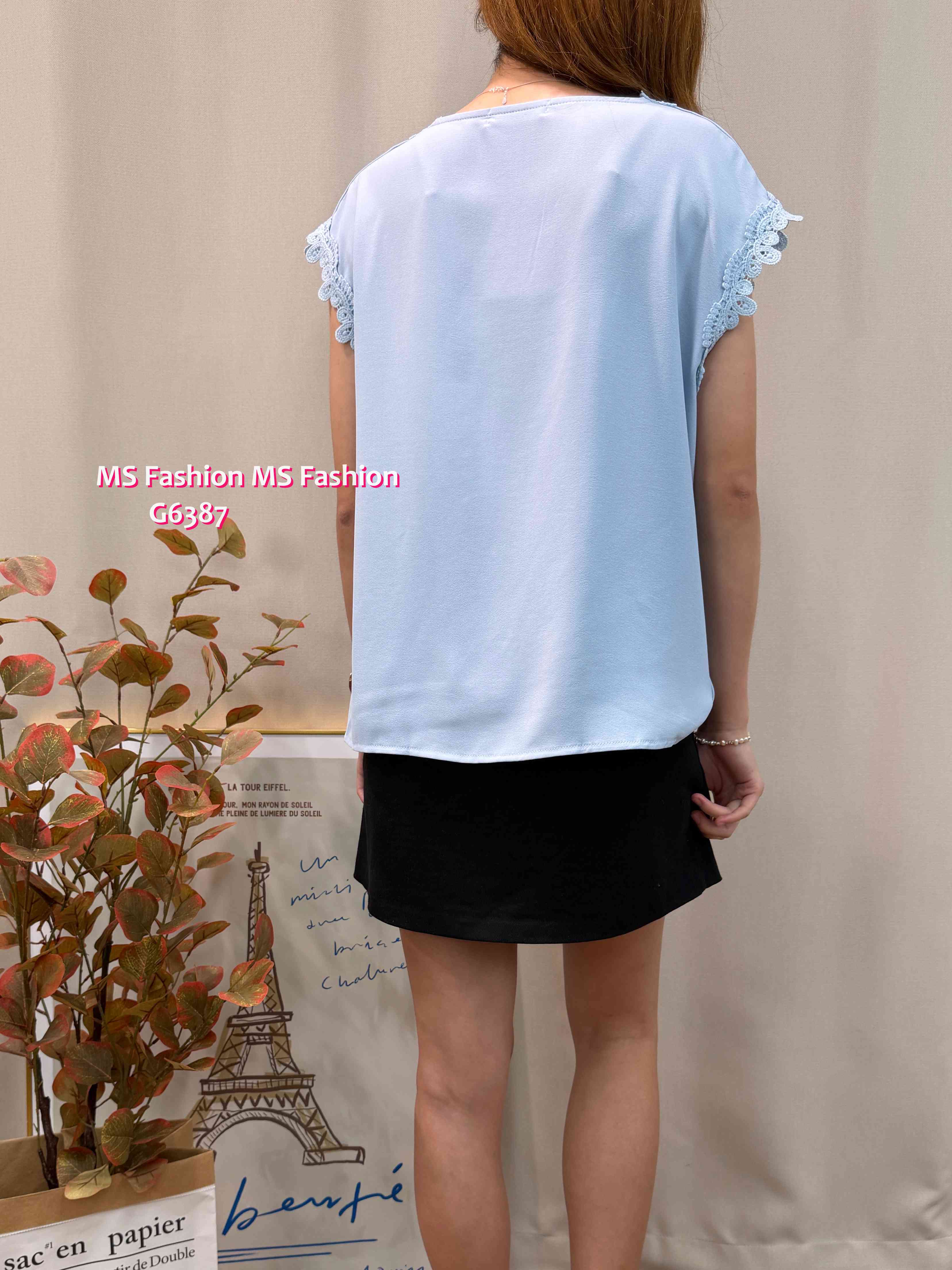 G6387 V領通花打皺top