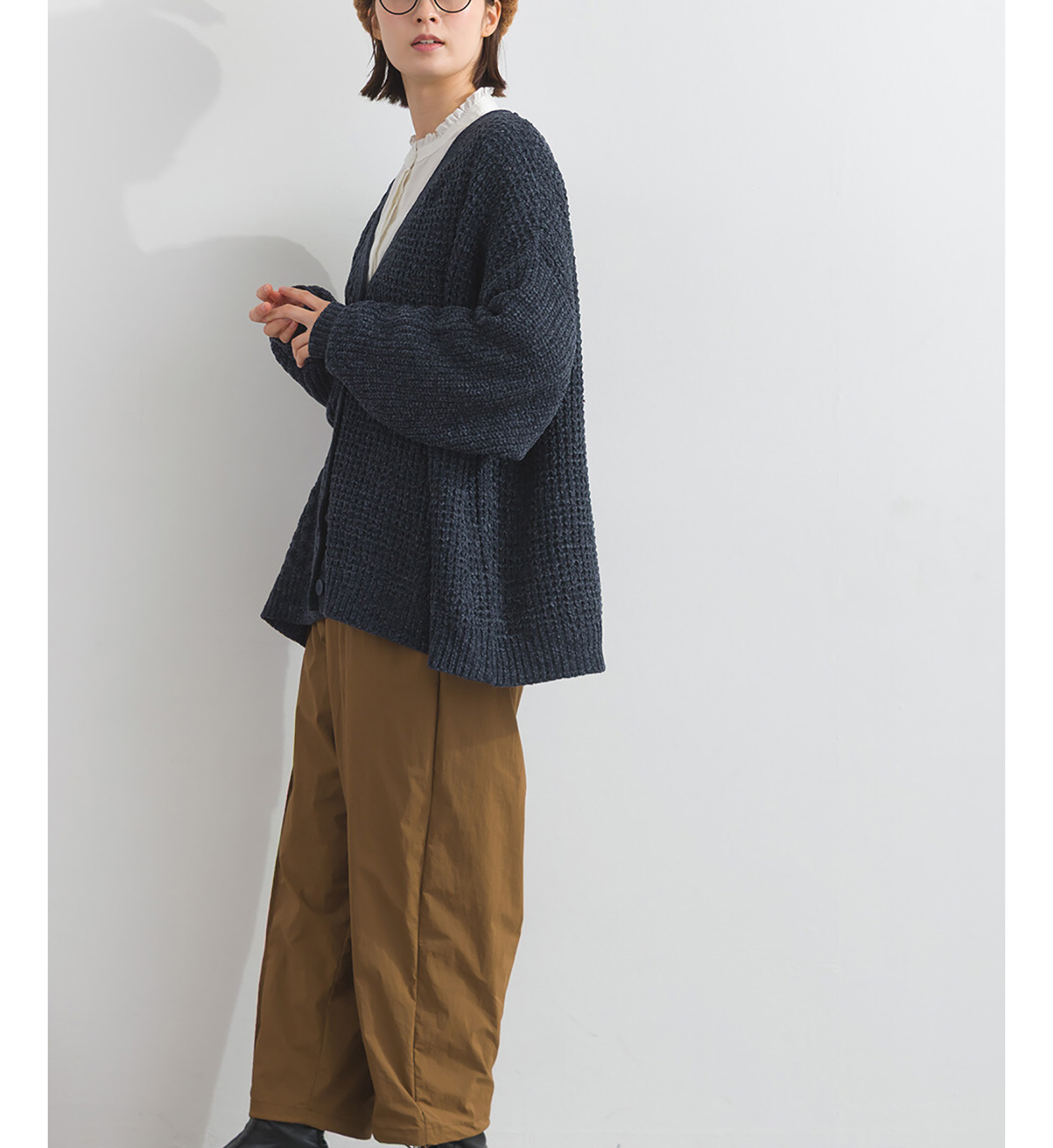 LP - 粗幼拼接冷織開襟毛衣 (深藍色)