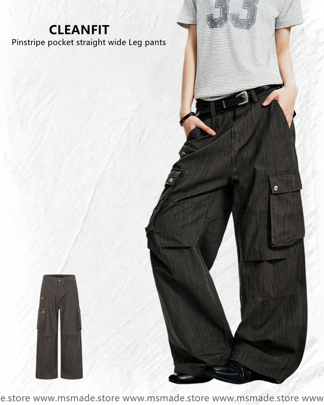 M6986直紋口袋直筒闊腿褲