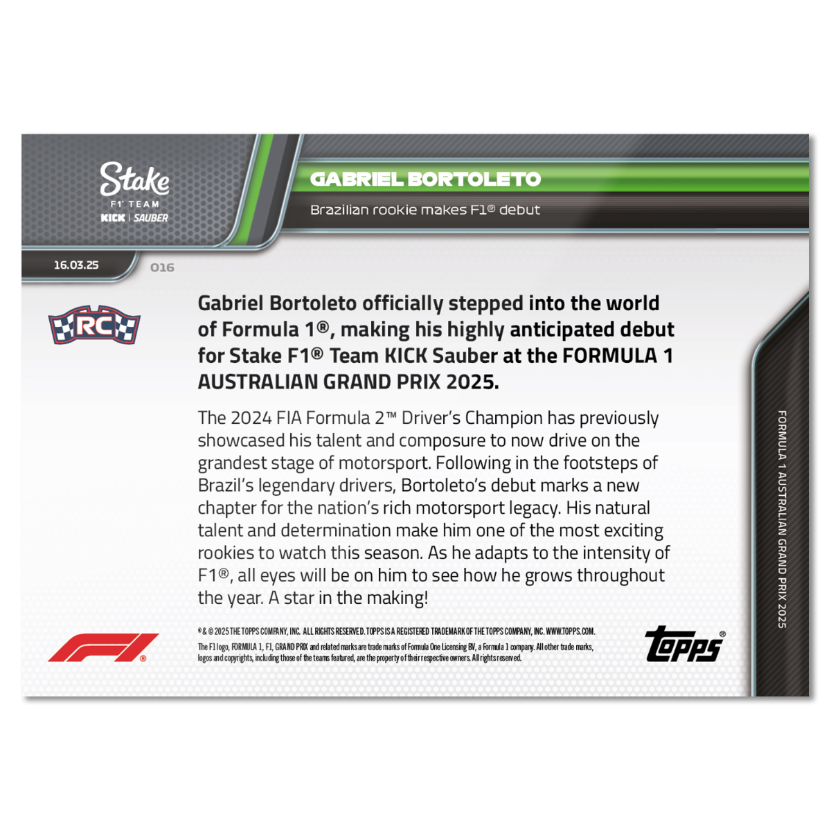 Gabriel Bortoleto RC - 2025 F1 Topps NOW® #16 Australian GP F1初戰卡｜PR 1,343