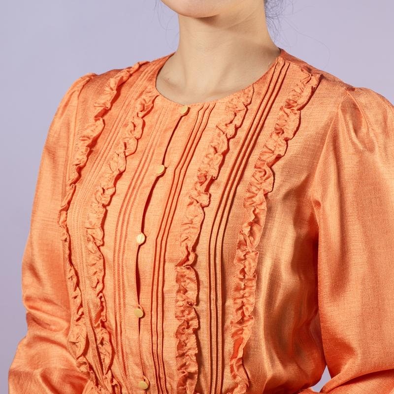 Vintage Japanese Gio Ruffle Front Orange Long Sleeved Dress(MT1608-107)