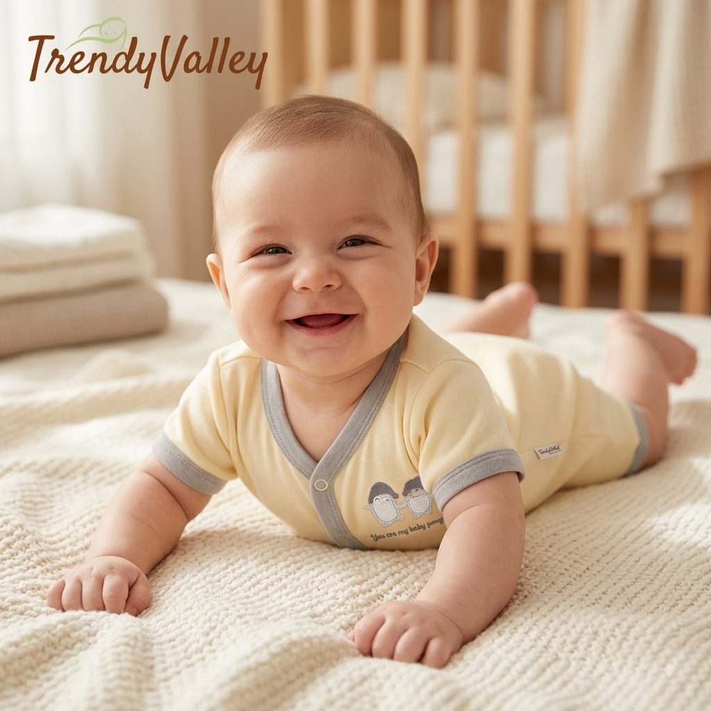 Trendyvalley Organic Cotton Short Sleeve Short Pant Baby Romper (YOUR ARE MR BABY PENGUIN)
