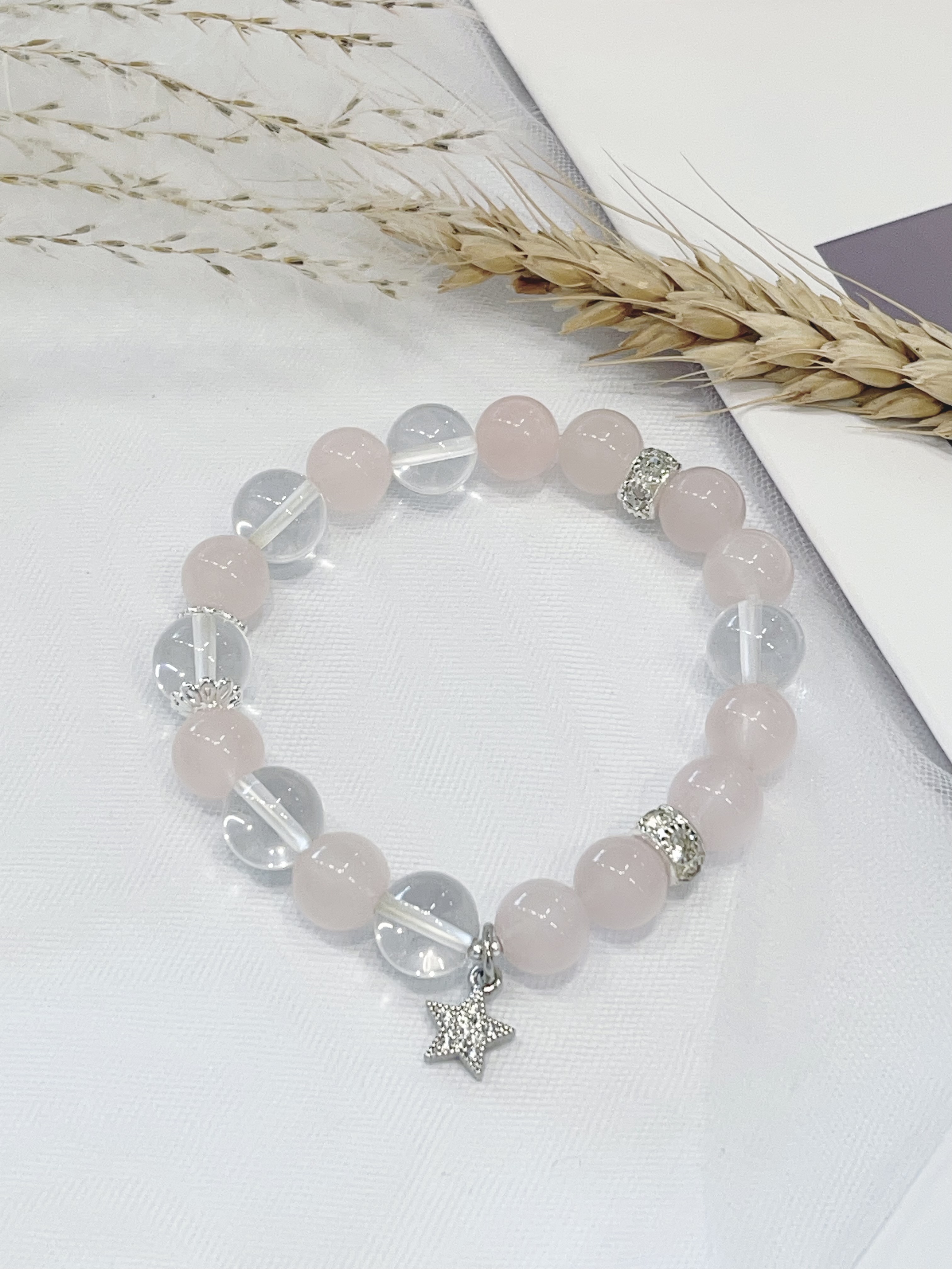🌙 粉水晶 × 白水晶手串 Rose Quartz & Clear Quartz｜9.5mm 设计款（星星吊坠）