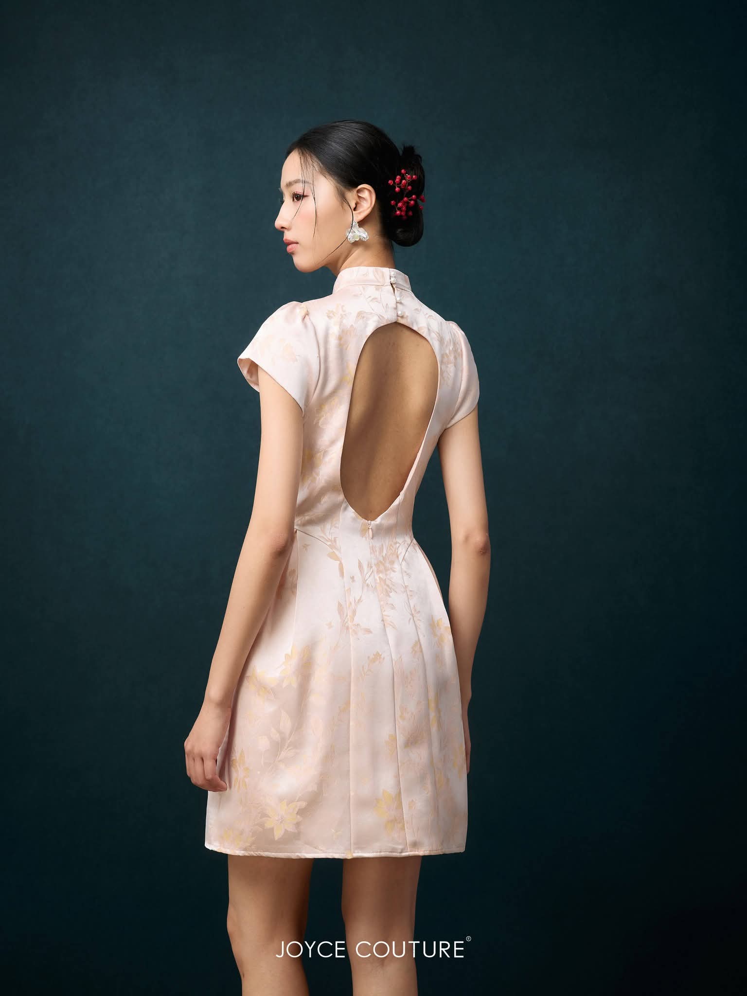 露背自带胸垫旗袍连身裙 D0364