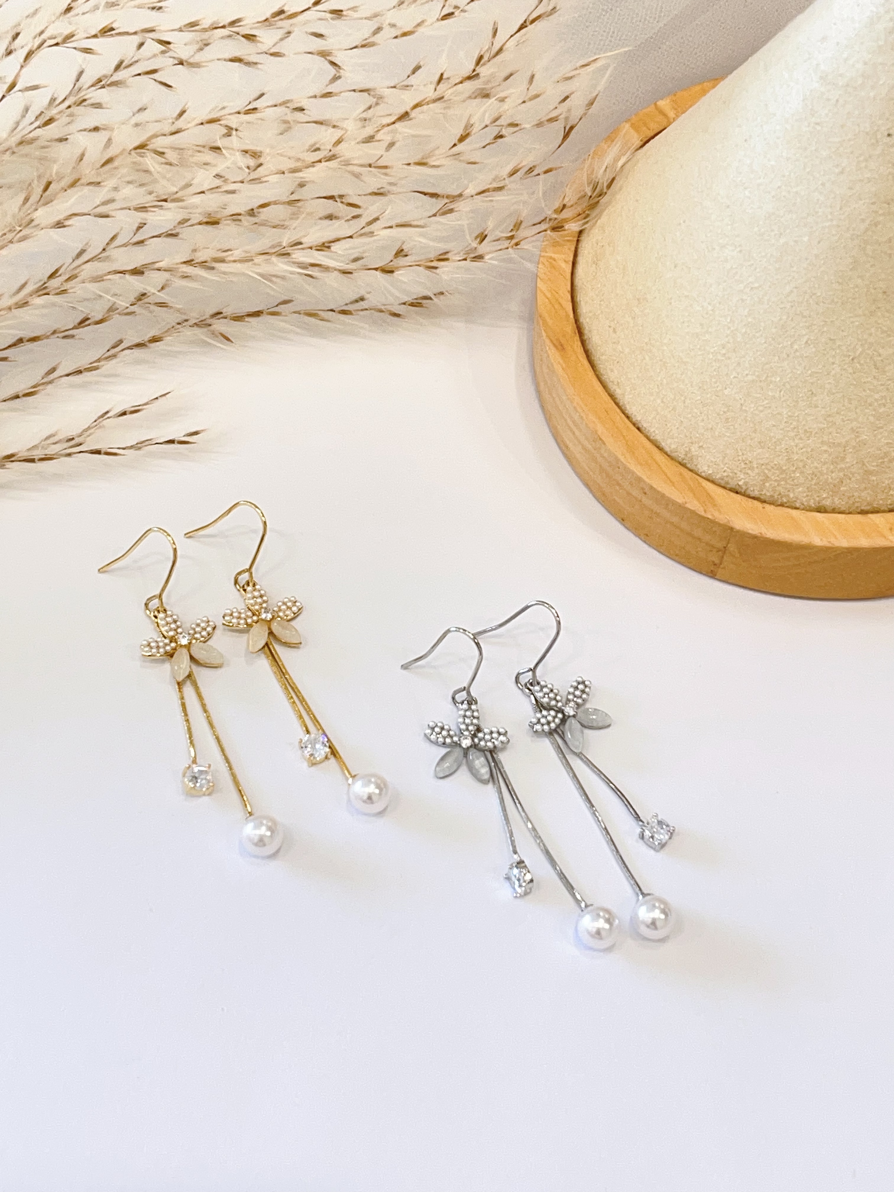 猫眼石小花朵锆石珍珠流苏耳环