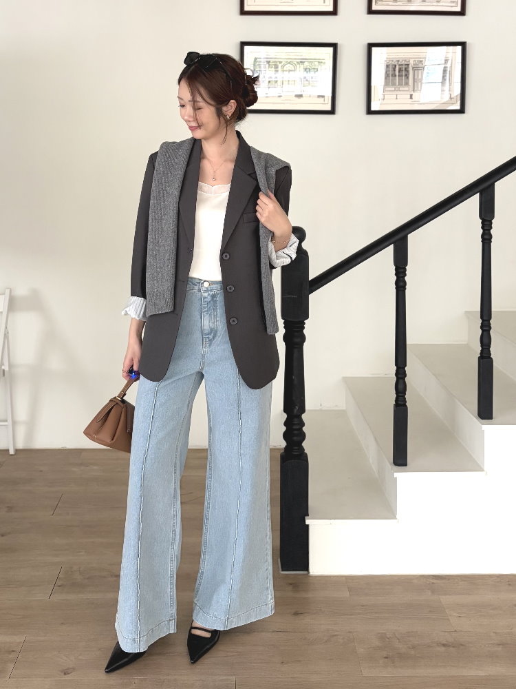 Margot Blazer with Striped Cuffs (Charcoal)