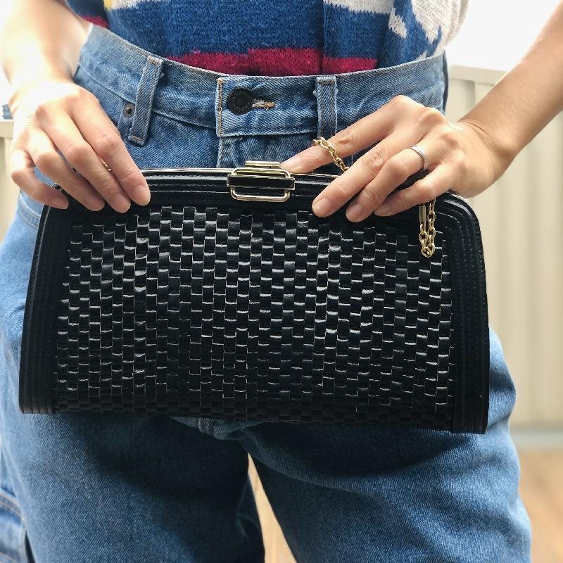 Vintage Black Weaving Leather Strips Two-Way Clutch/Shoulder Bag from Japan (MT1628)