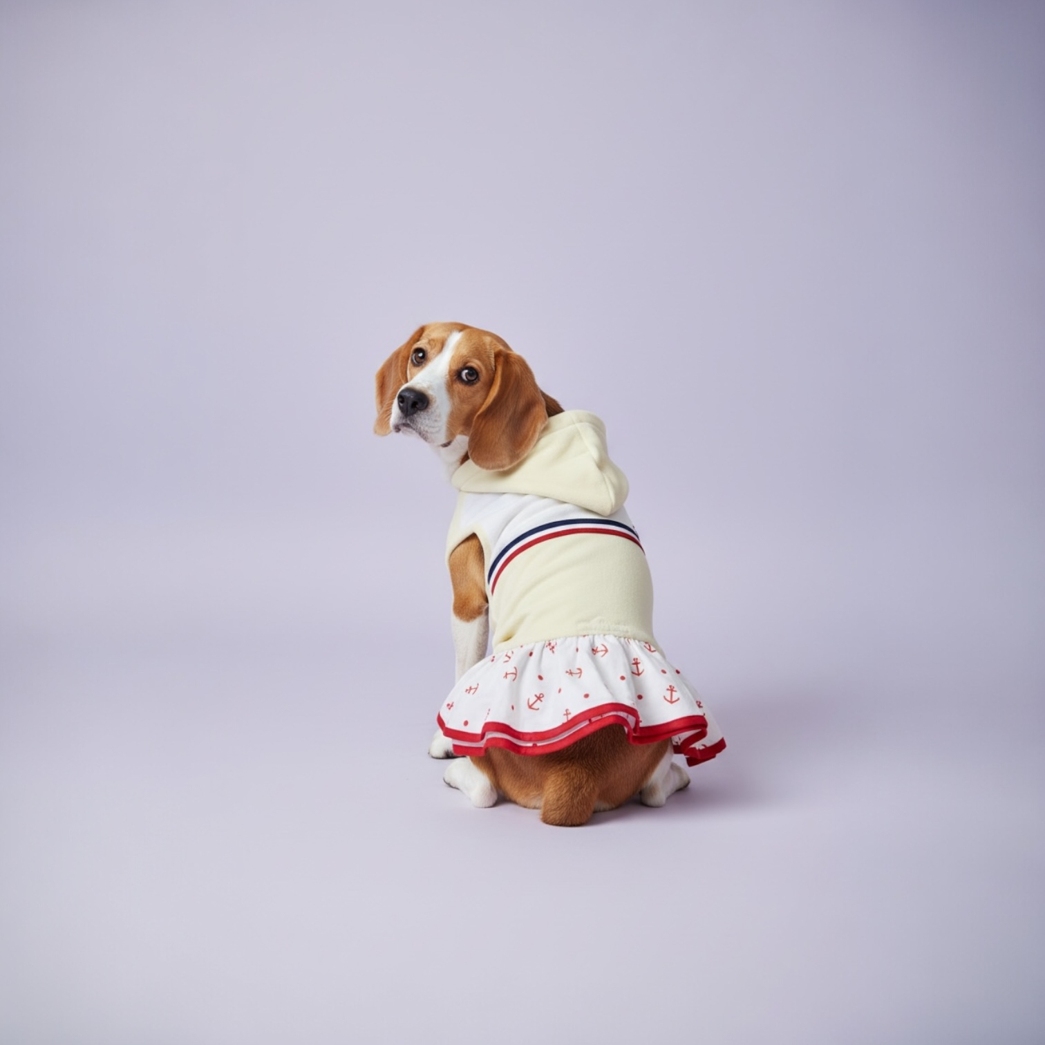 S146Y 有帽藍白紅條裙 - 粉黃色  【瑕疵品】