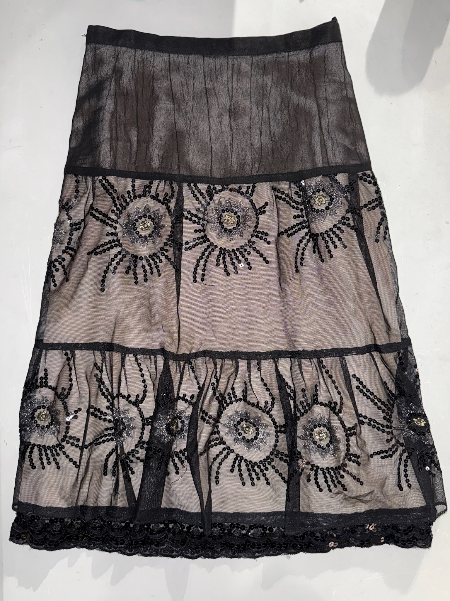 Black Sequin Sunburst Embroidered Tiered Mesh Skirt