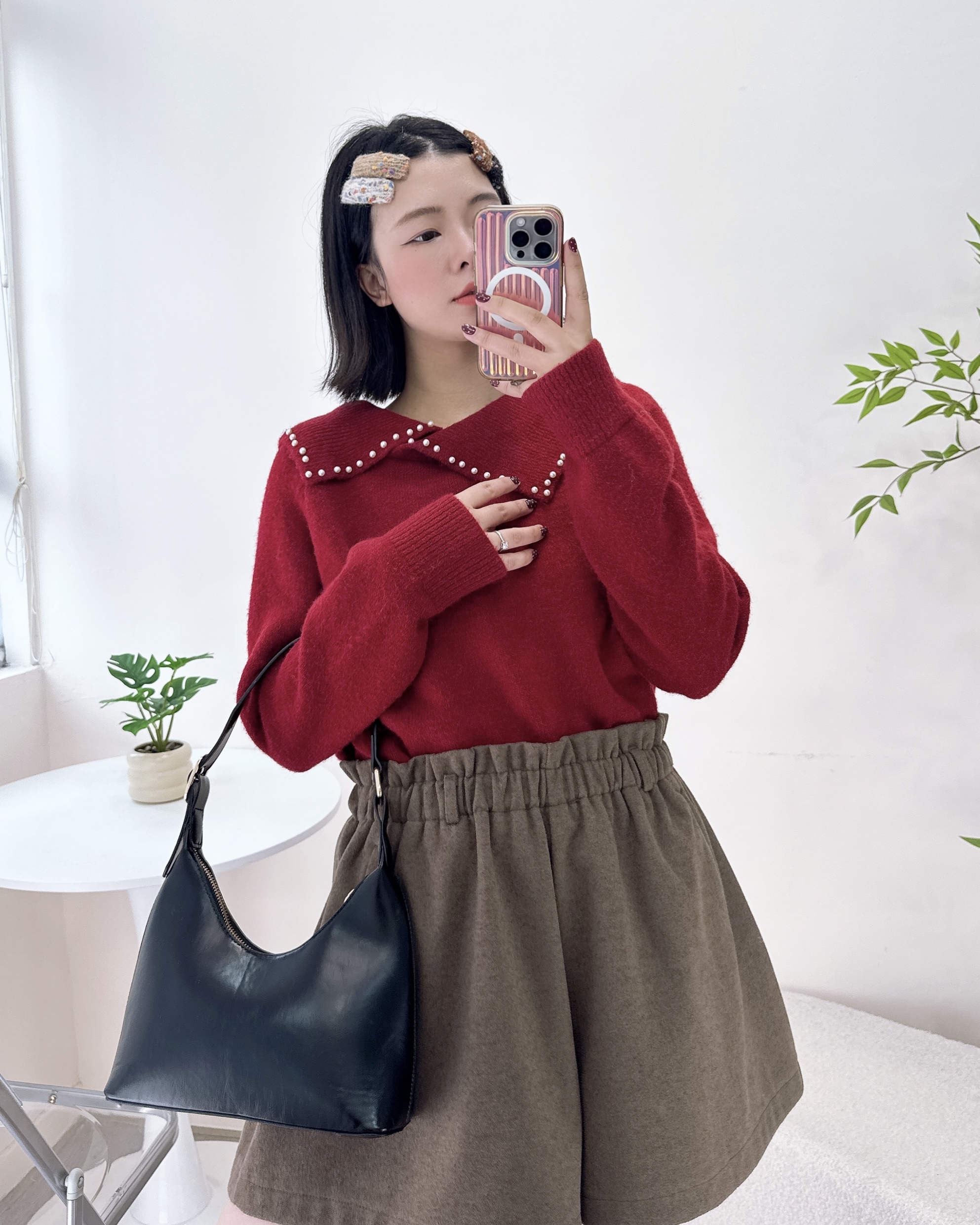 超美珍珠反領針織上衣 3色