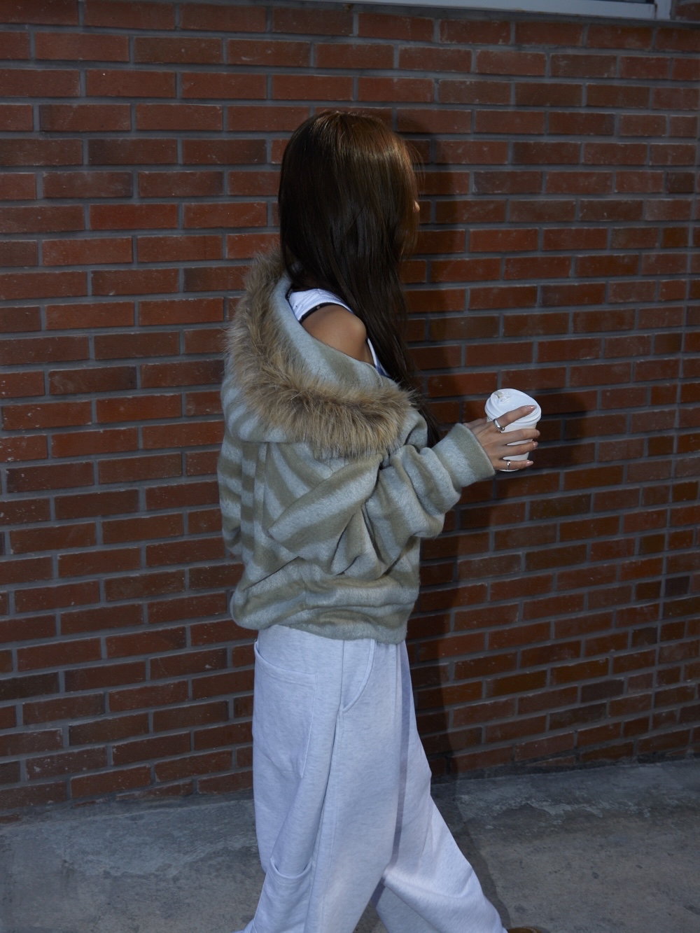 Striped Faux Fur Zip Hoodie(Unisex)