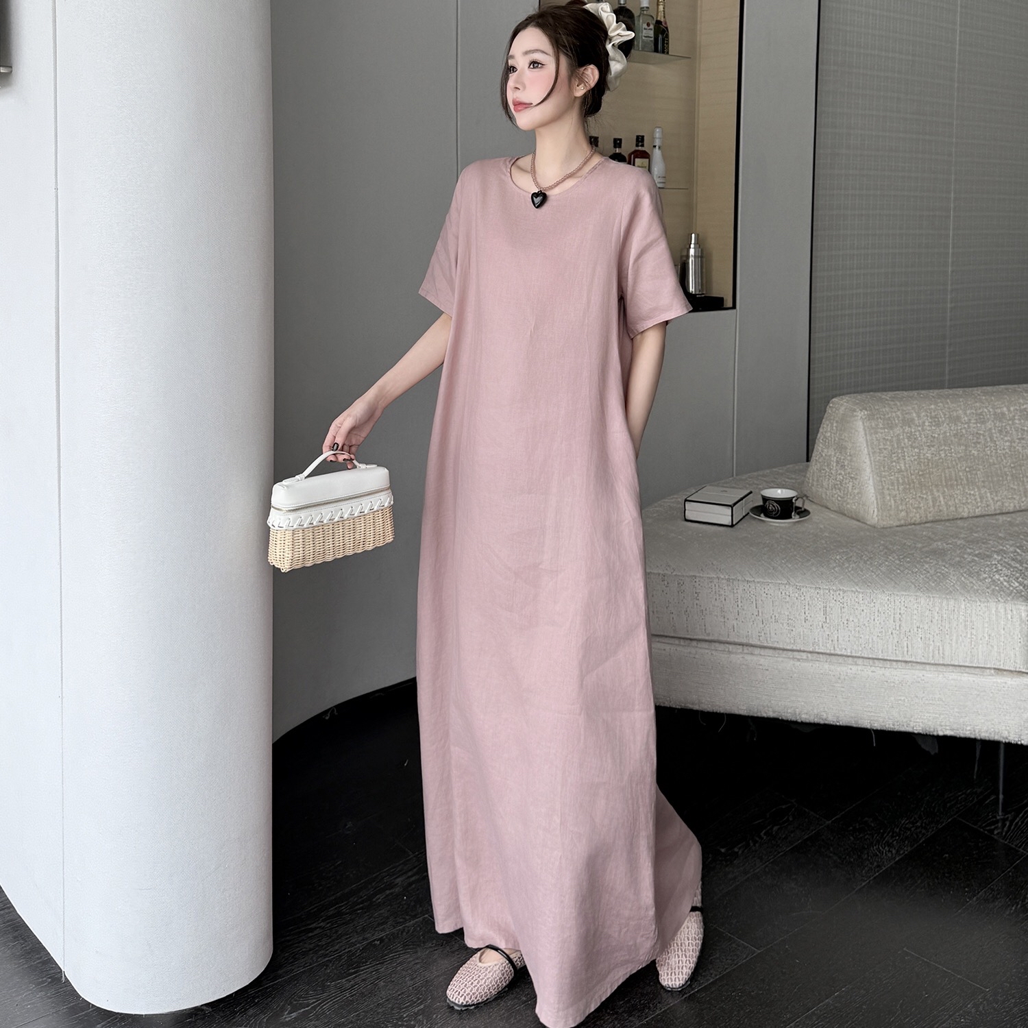 B239(61141) 韩系休闲风麻料圆领纯色藕粉连身裙