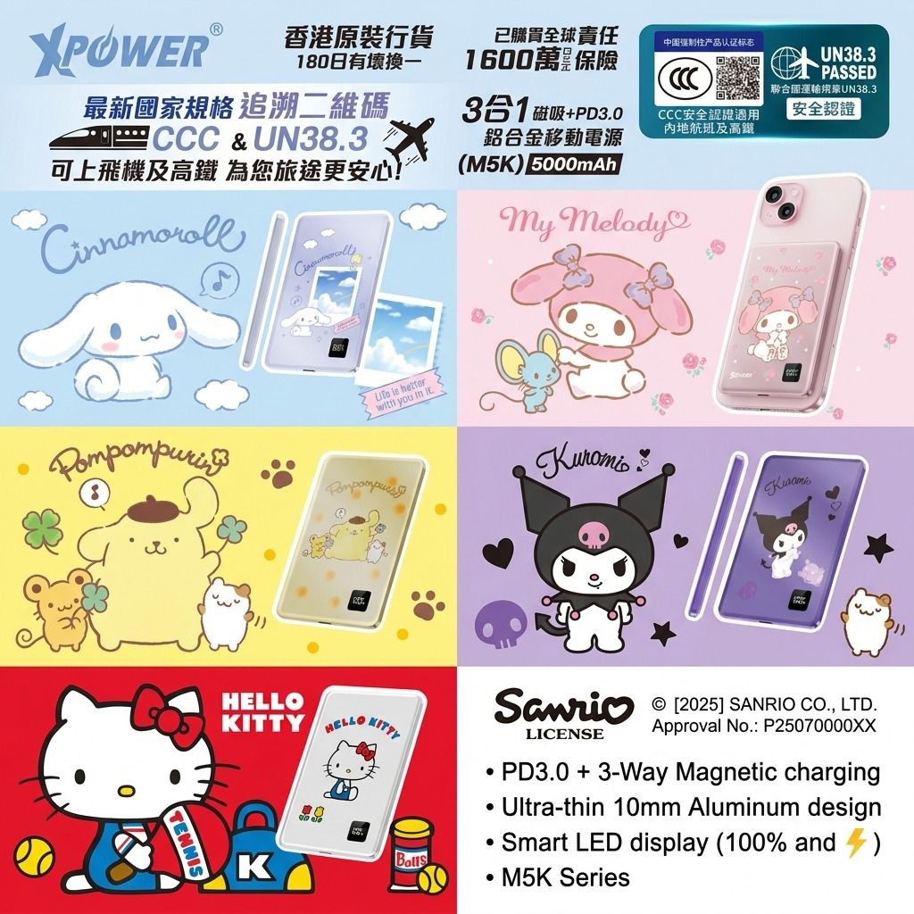 $225。XPower x Sanrio Pompompurin 3合1磁吸+PD3.0 5000mAh鋁合金移動電源 (M5K)