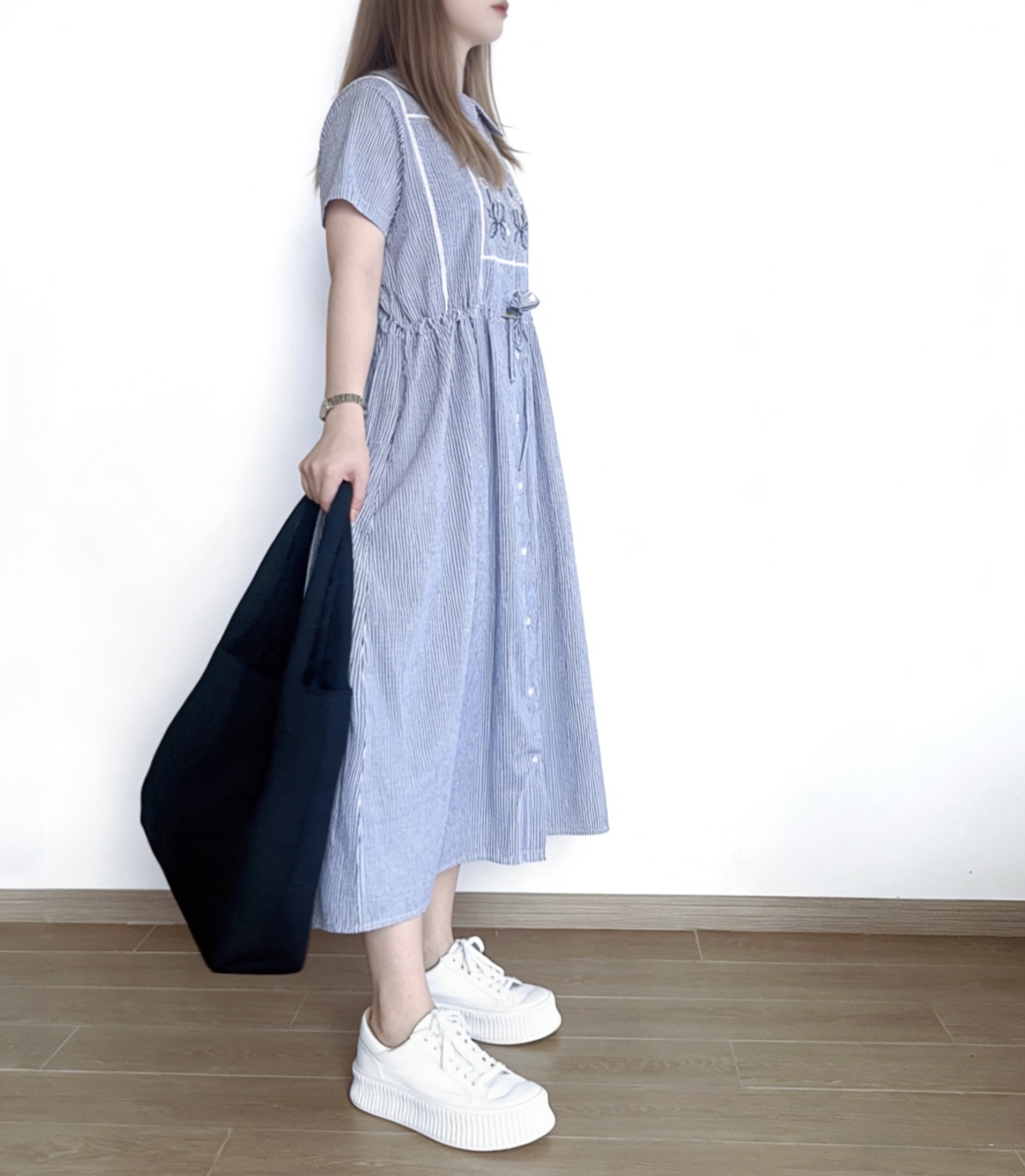 🌼初春優惠🍀 日系條紋刺繡花束腰Ops