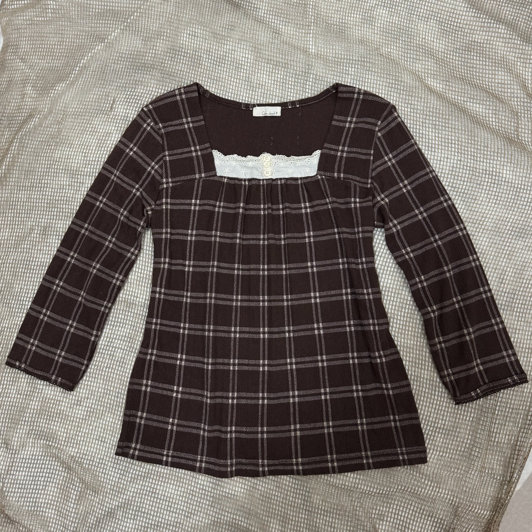 Cottagecore Brown Plaid Square Neck Top