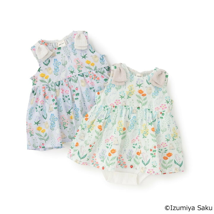 🇯🇵預訂 日本直送🇯🇵Petit Main x Izumiya Saku兩色花卉小貓滿印蝴蝶結短袖包屁裙