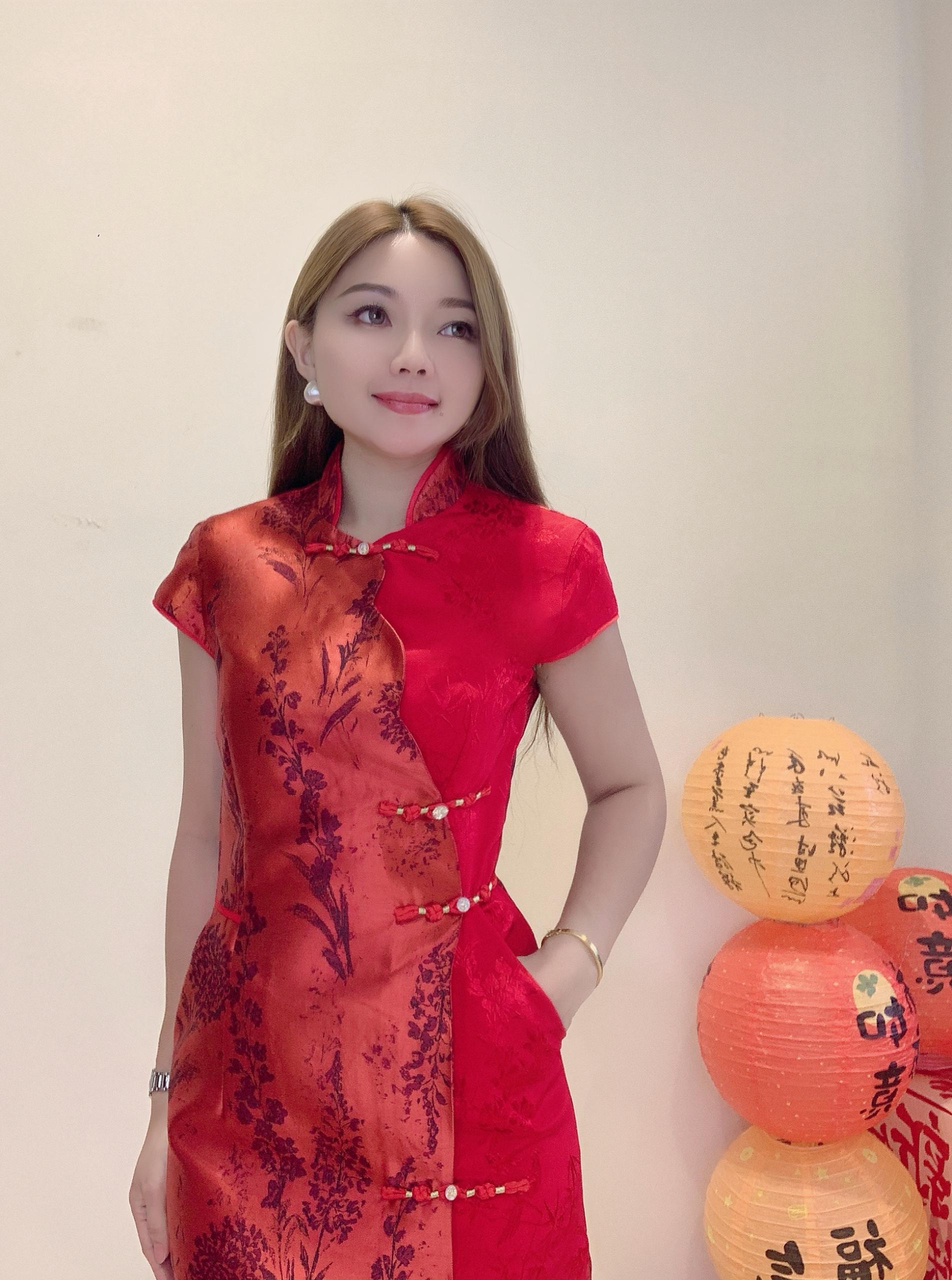 双色旗袍连身裙 红色2126