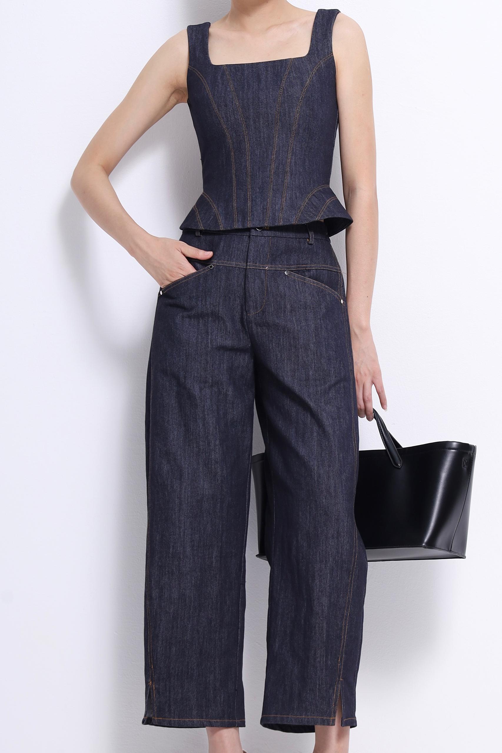 CB2700 DENIM SQUARE NECKLINE PEPLUM TOP