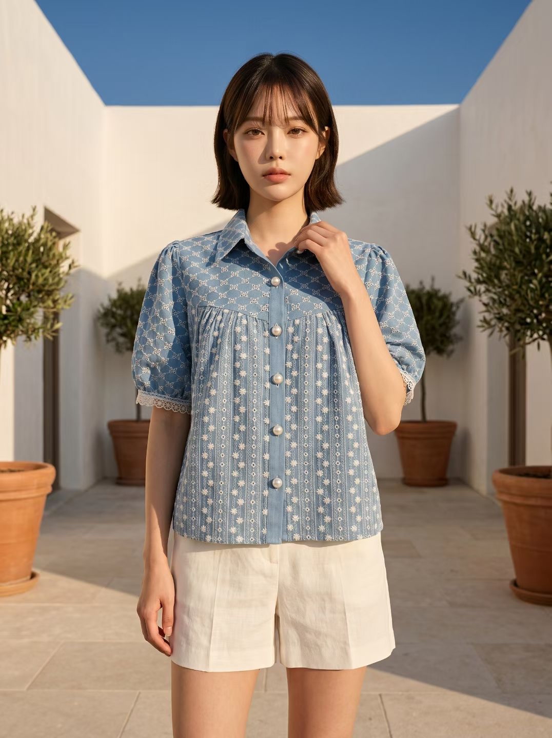 AD19 復古刺繡翻領仿牛仔襯衫
