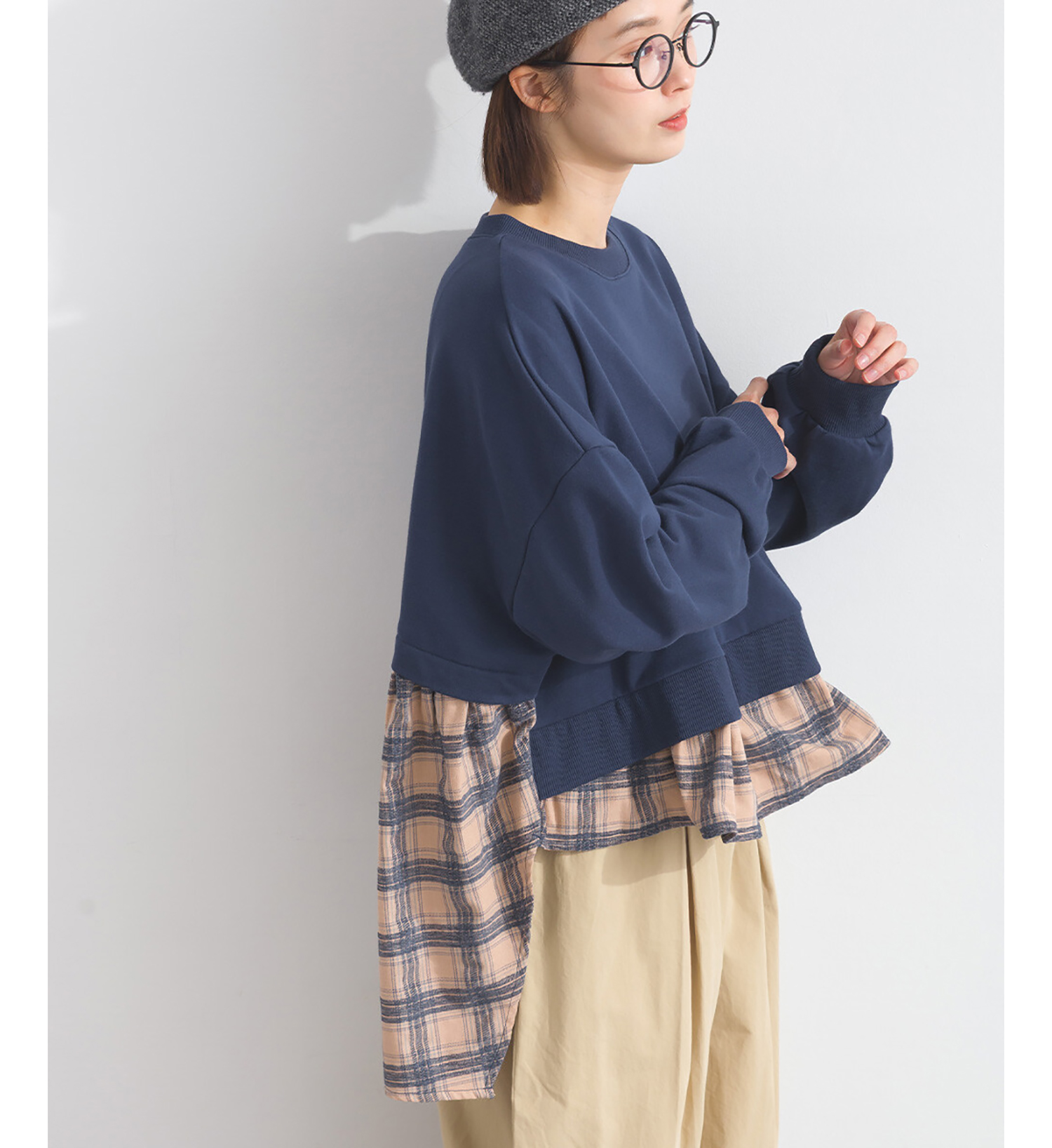 LP - 格子短擺長袖上衣 (深藍色)