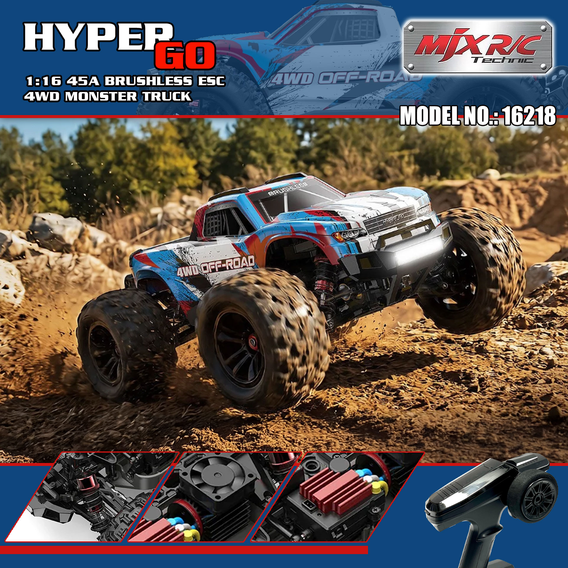 全新 美嘉欣 MJX R/C 1:16 16218 無刷大腳車 | 防翻尾輪 | 金屬齒輪 | 油壓避震 | 可用2s-3s電 | 最高速約60KM/H