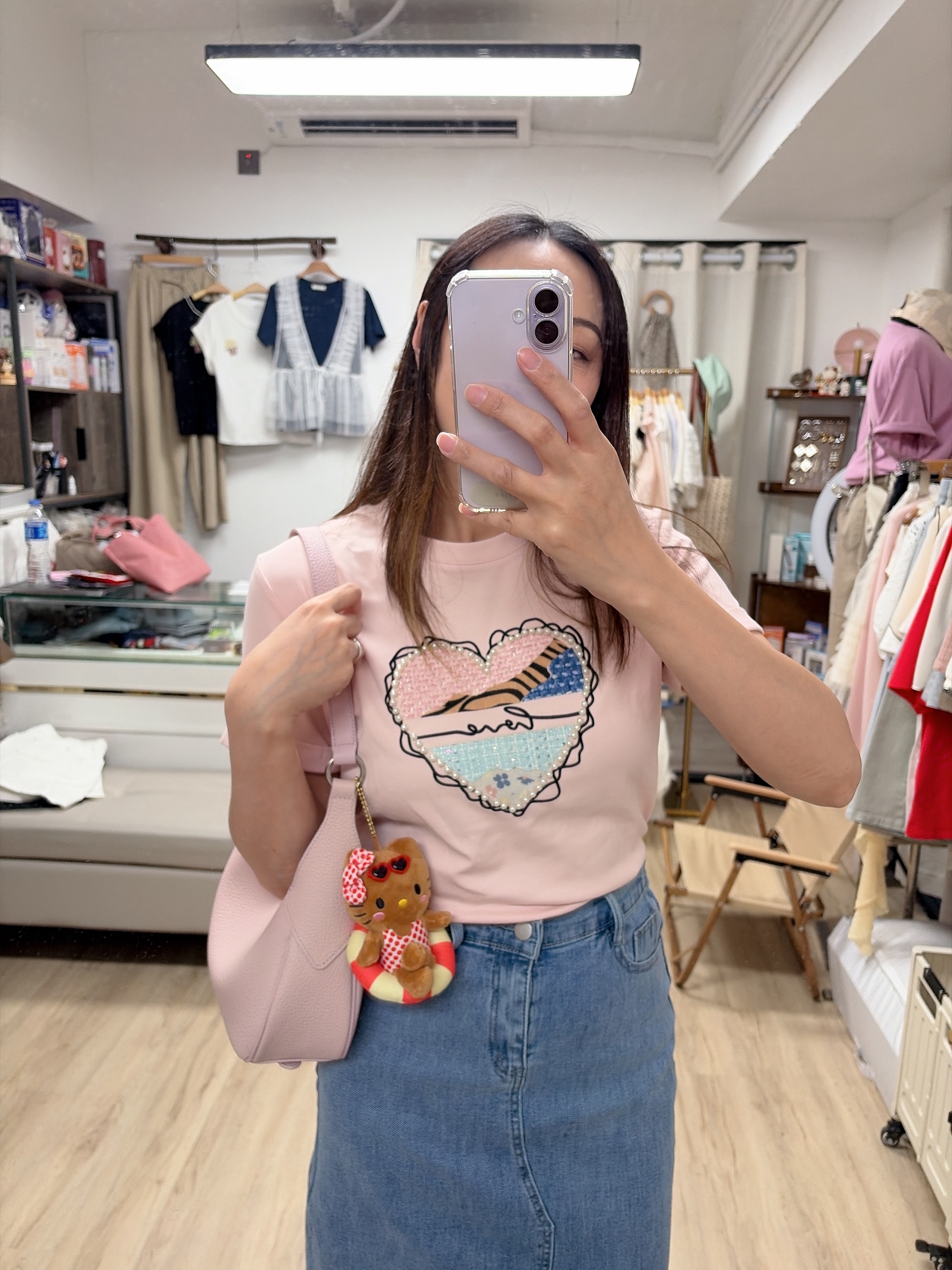 Tweeds拼色心型珠珠滑棉Tee 