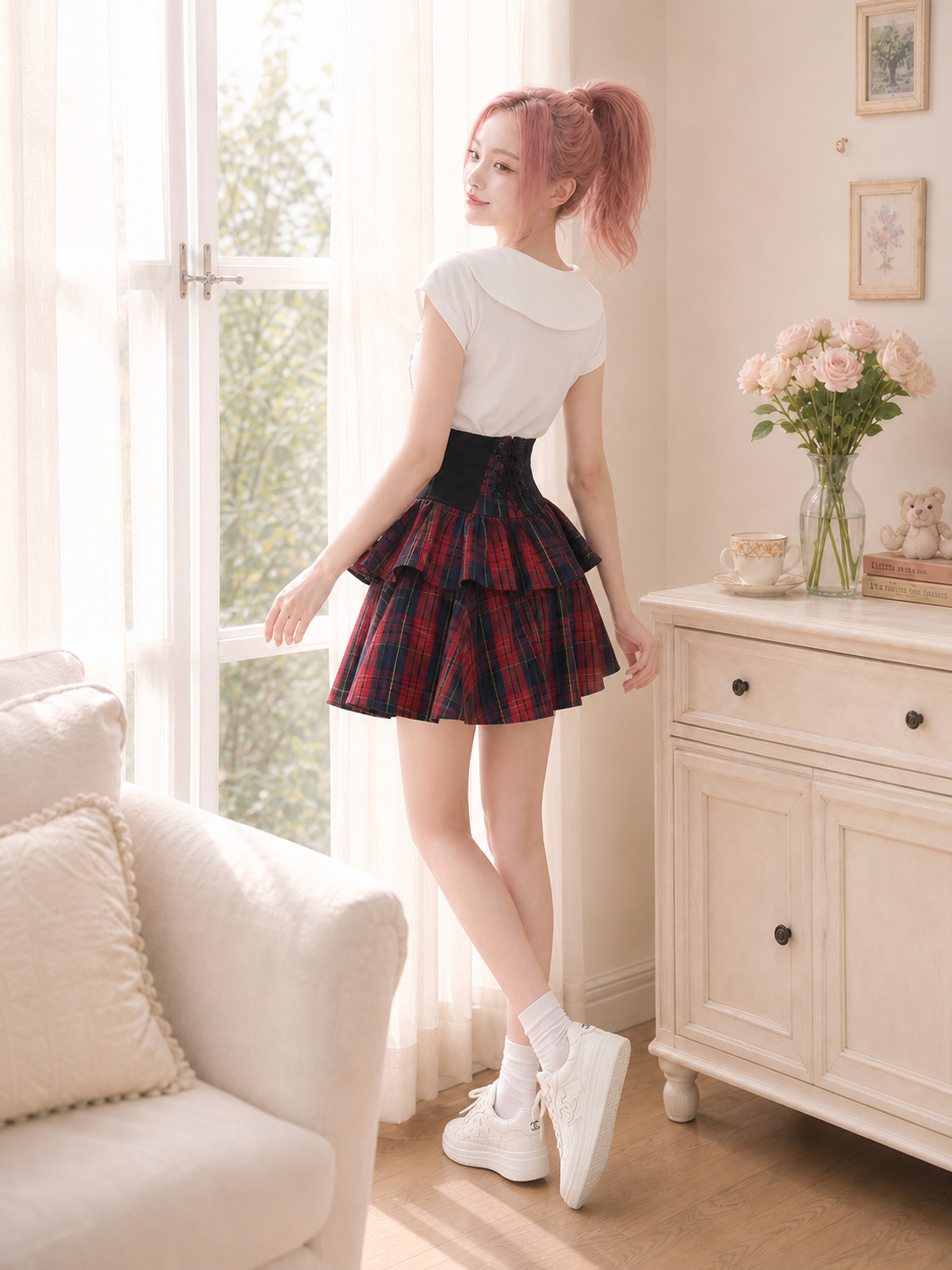 【APV Girliness 】緋紅諾言復古高腰宮廷雙層蛋糕格子裙  Victorian High-Waist Tartan Tiered Skirt