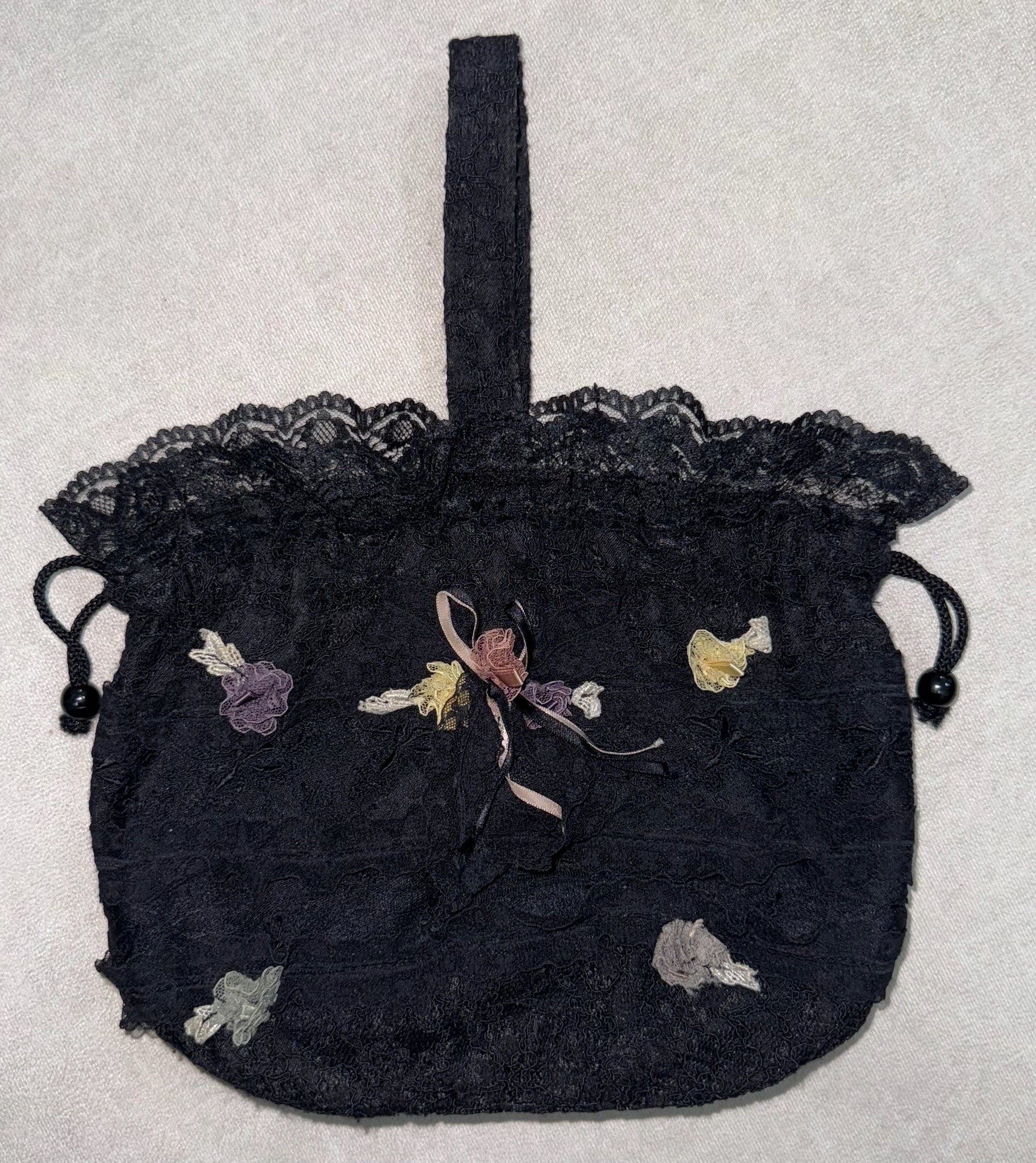 Black Lace Floral Applique Drawstring Pouch