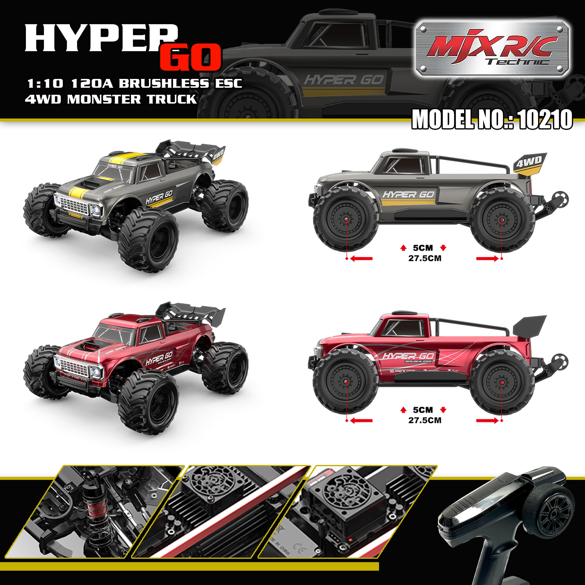 全新 美嘉欣 MJX R/C 1:10 10210 小怪獸 無刷大腳車 | 防翻尾輪 | 金屬齒輪 | 油壓避震 | 可用2s-3s電 | 最高速約70KM/H | 黑色