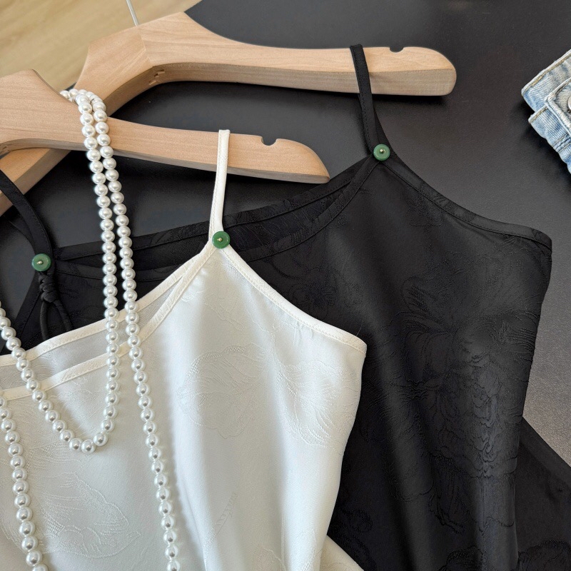 B05(0123) 新中式吊带边绿玉扣重工提花黑杏内搭 