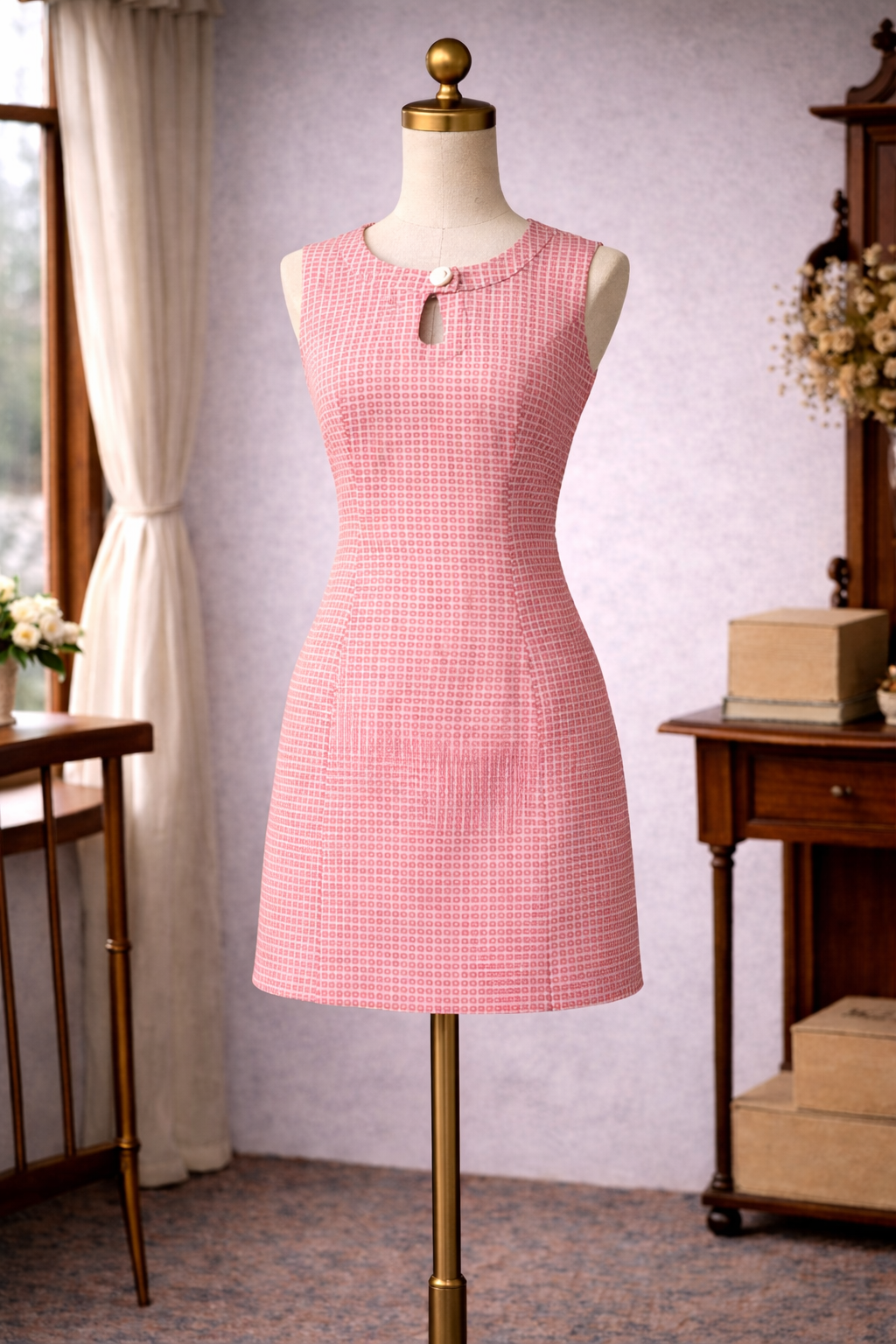 (Ready-Made) 1960s MOD Pink Raised Geometric Pattern Shift Dress (FM138)