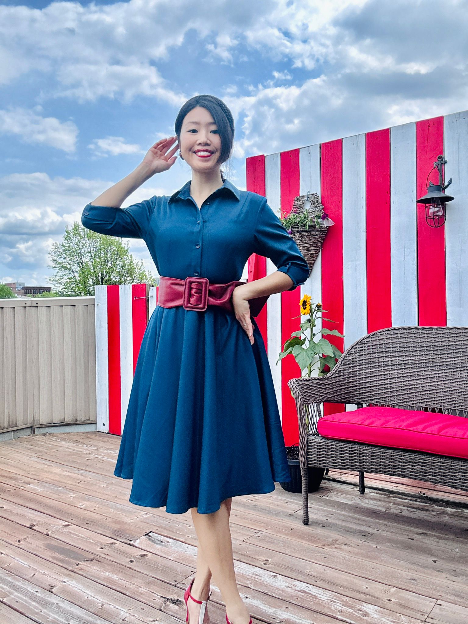 (Custom-Made) Midnight Heirloom Shirtdress with Vintage Buttons and Belt (FM237)
