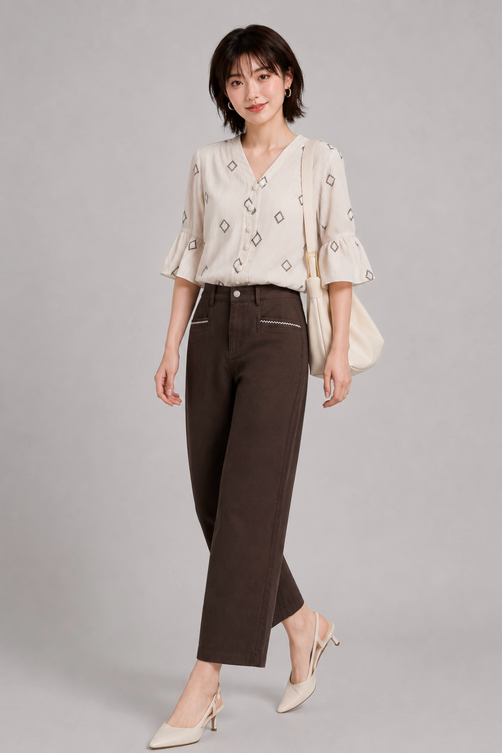 210576 Harper Diamond Print Flutter Sleeve Blouse