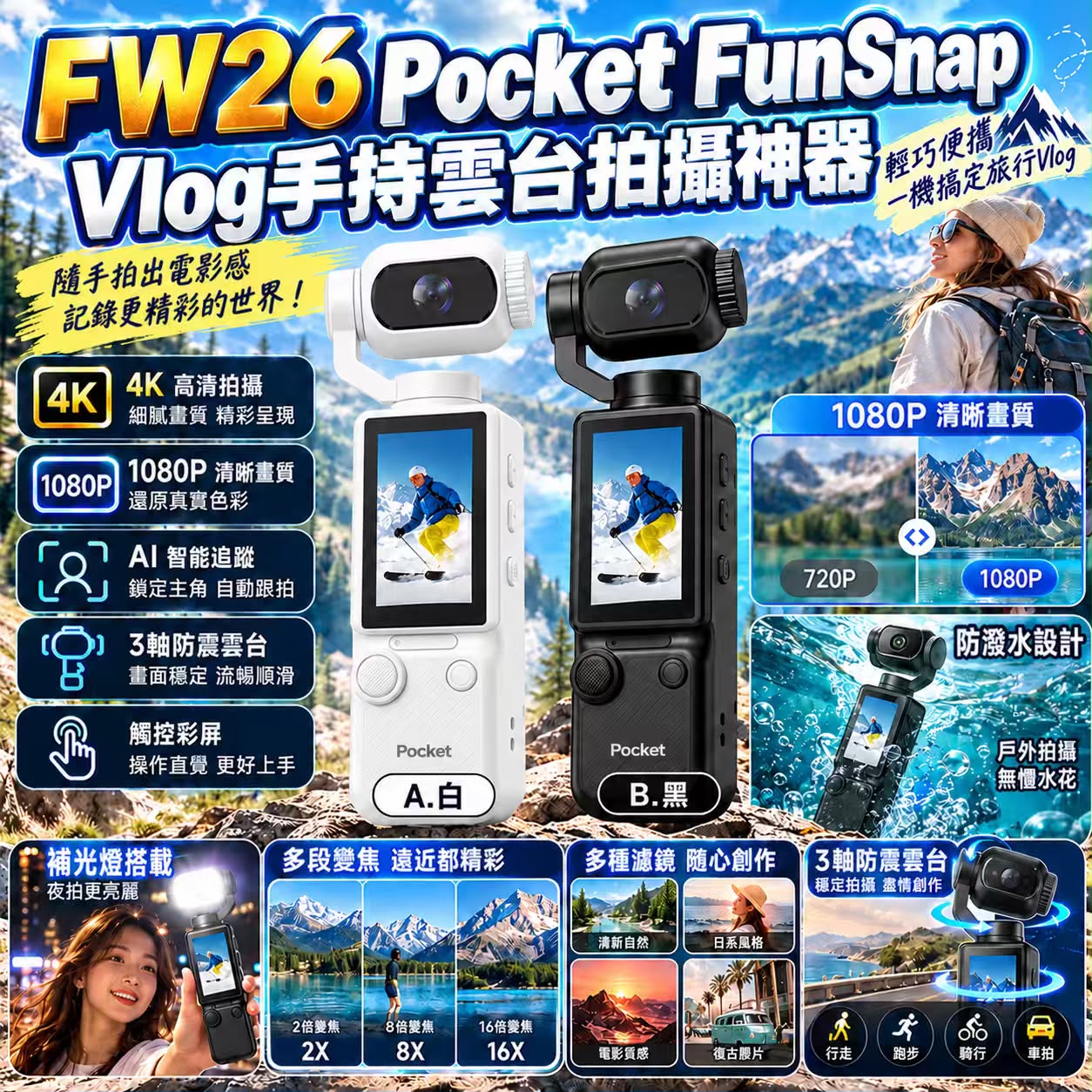 【預訂】Pocket FunSnap Vlog 手持雲台拍攝神器
