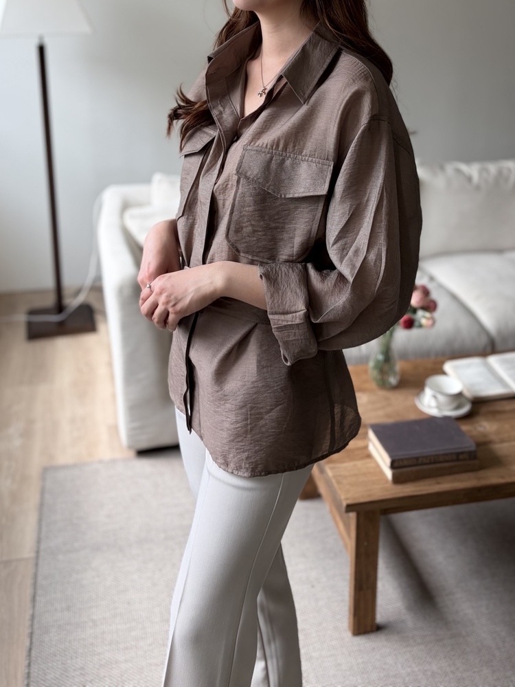 Feminine Belted Pocket Blouse (Brown)