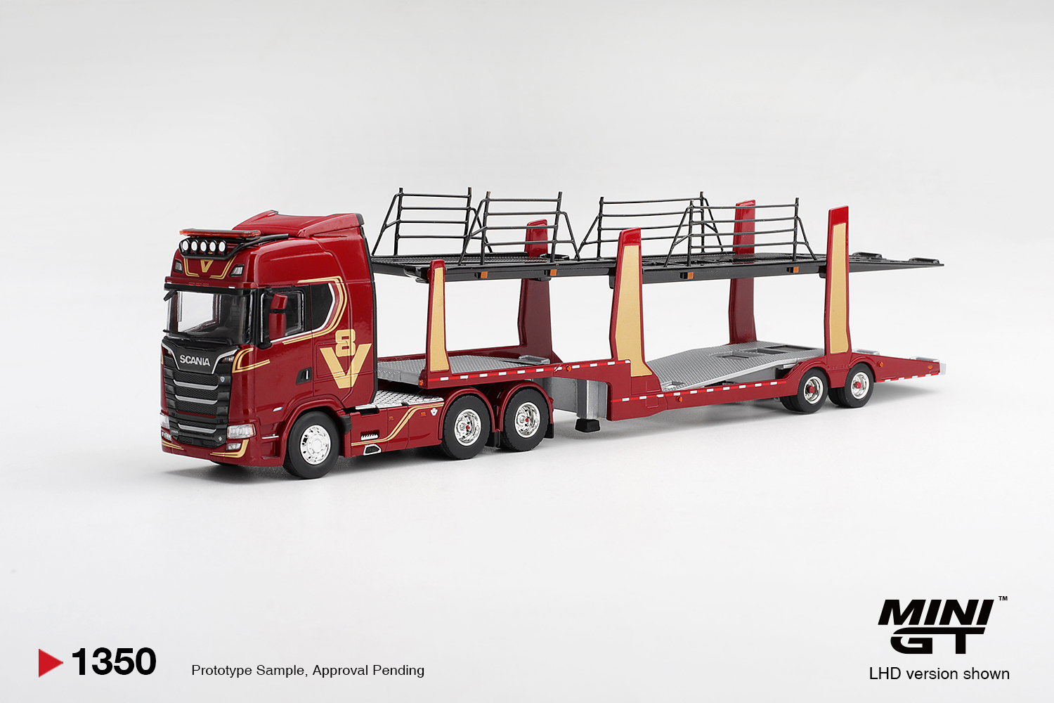 MINI GT 007 Scania 770S A6x4NA Car Transporter V8 50th anniversary + Car transporter Red ( MGT01350-R ) MINIGT