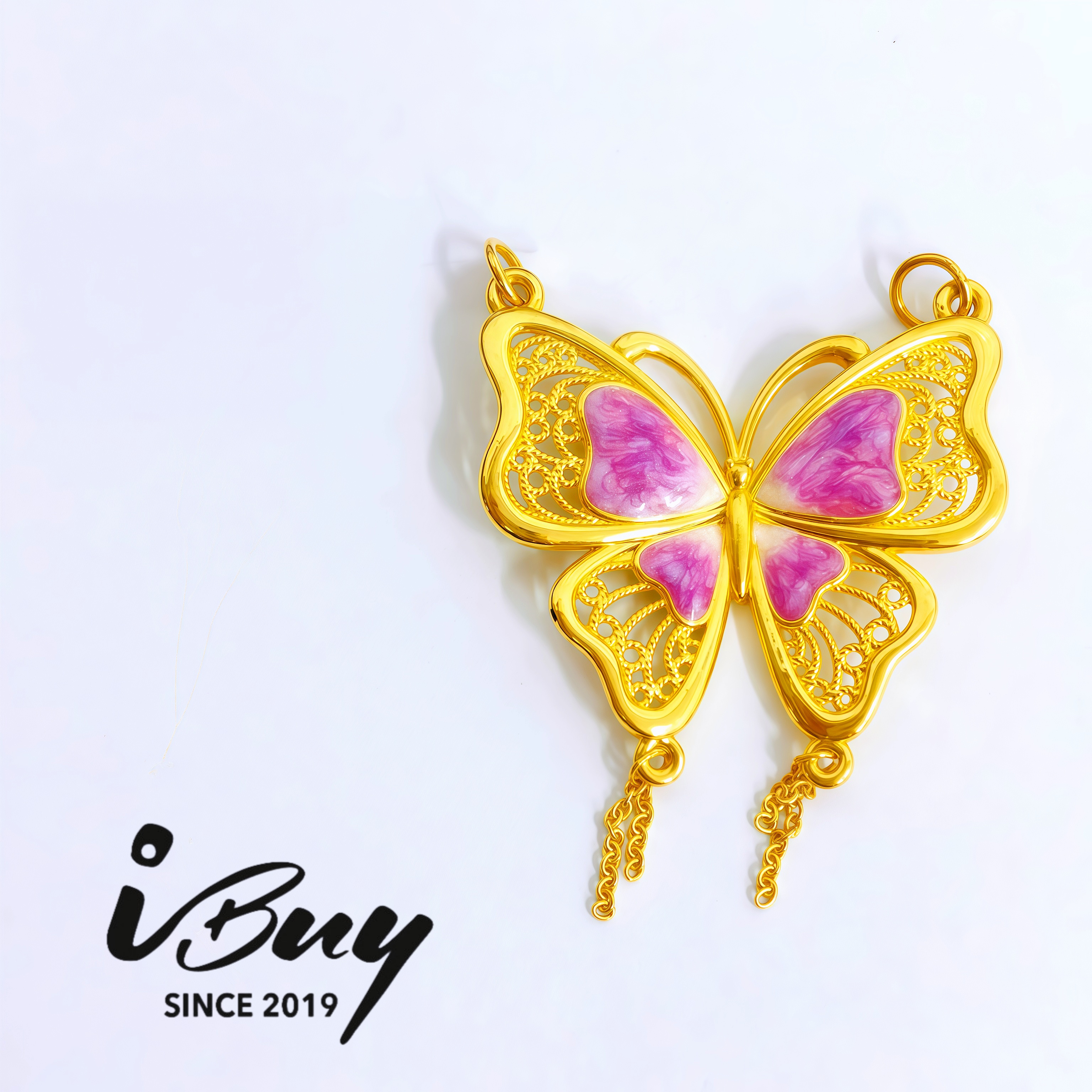999 GOLD FILIGREE ENAMEL BUTTERFLY TASSEL DOUBLE LOOP PENDANT 999 金 珐琅蝴蝶双扣吊坠