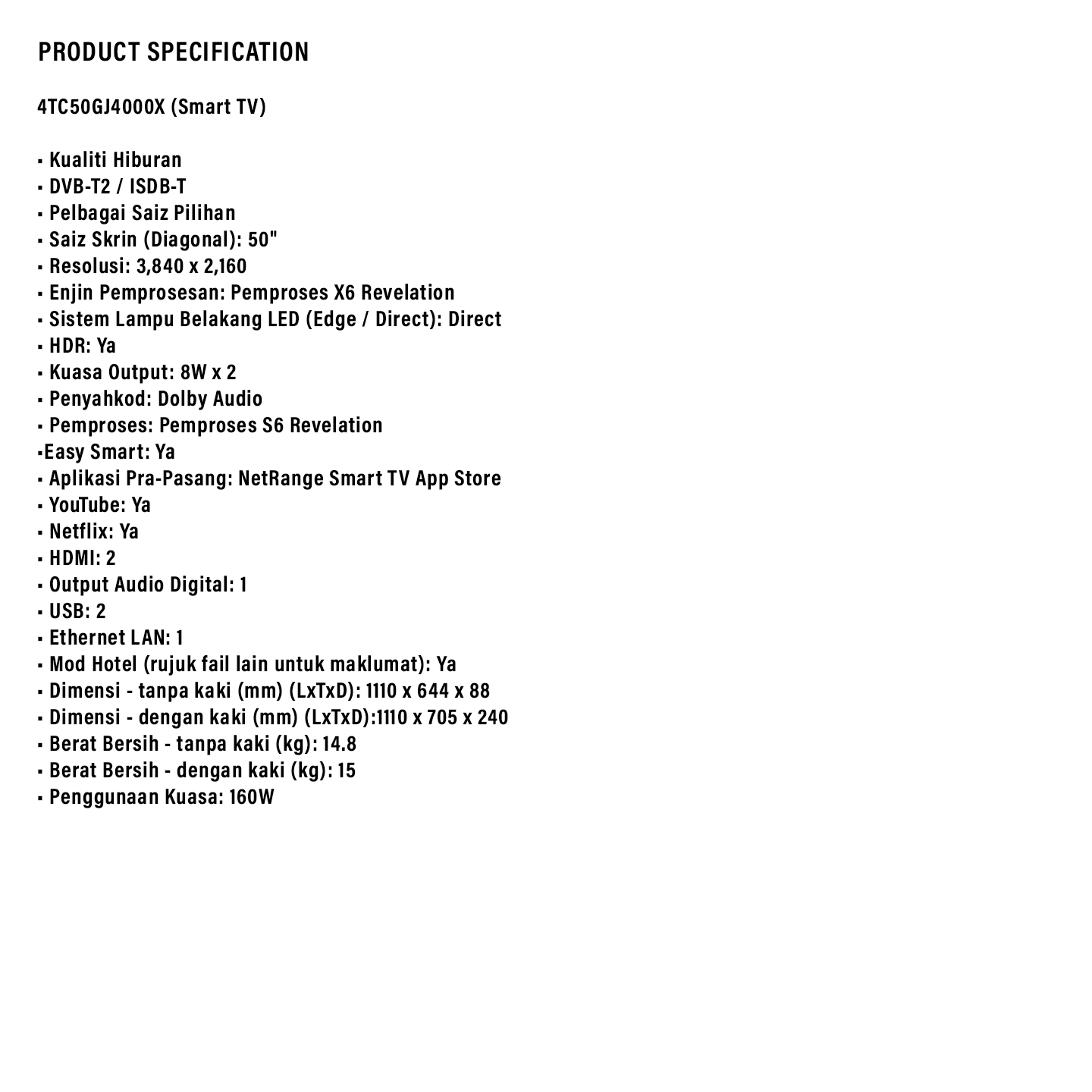 Sharp 50" 4K UHD Easy Smart TV (4TC50GJ4000X)