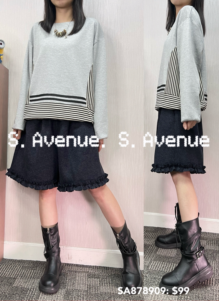 SA878909: 長袖鬆身下拼條子束腳tee