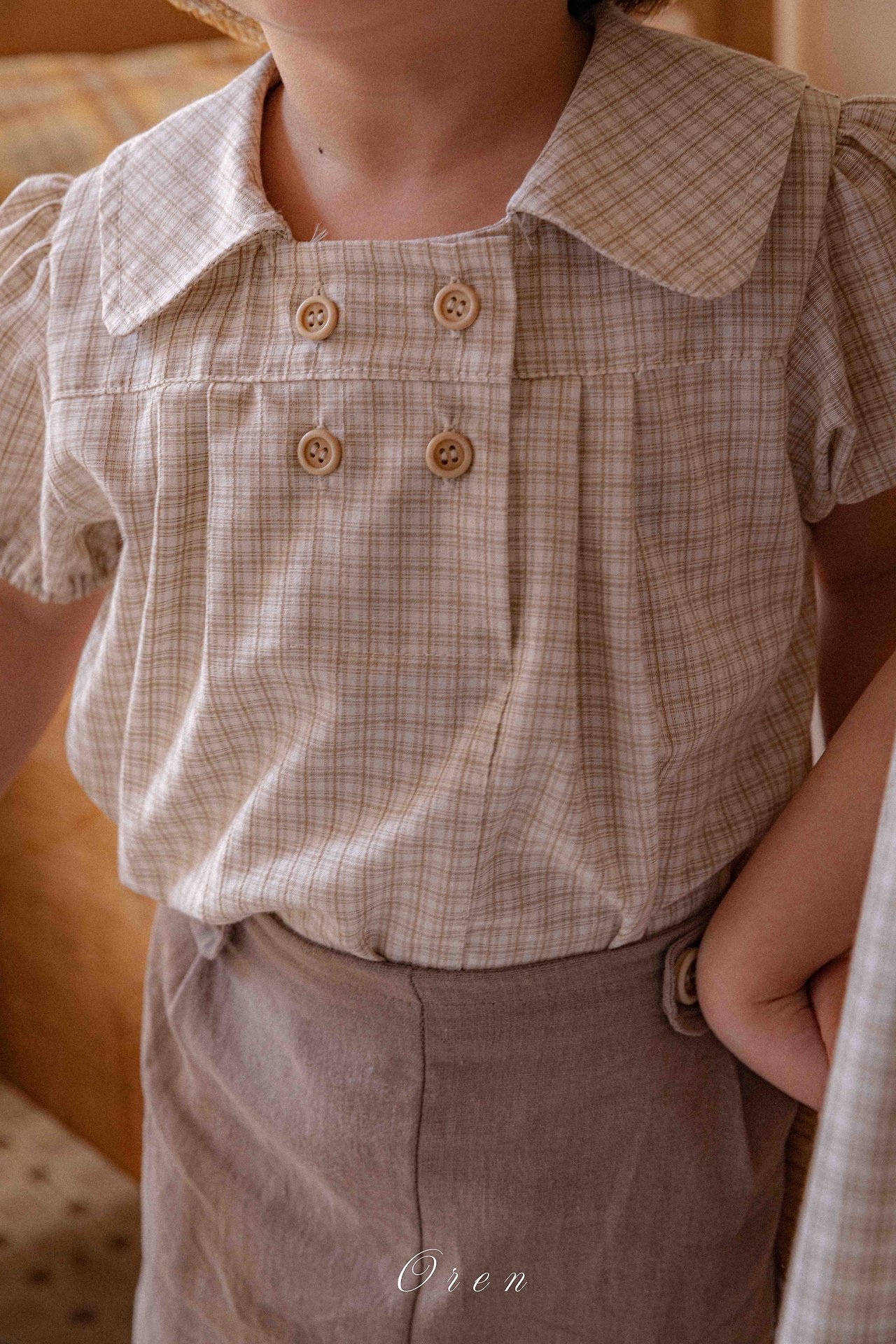 ☀️預訂 韓國直送☀️🇰🇷Oren 雙排鈕扣格紋翻領短袖包屁衣/連身裙/上下套裝