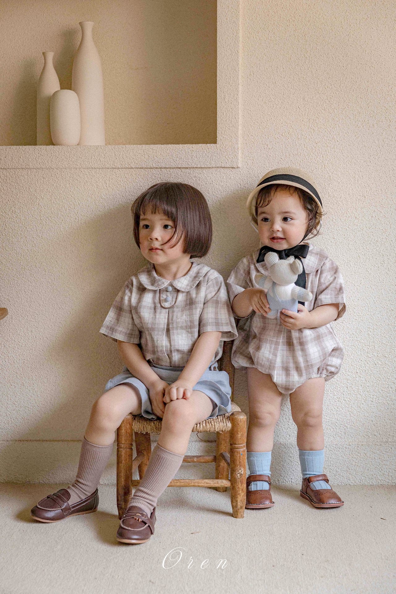 ☀️預訂 韓國直送☀️🇰🇷Oren Oliver兩色格紋純棉圓領短袖包屁衣/上下套裝