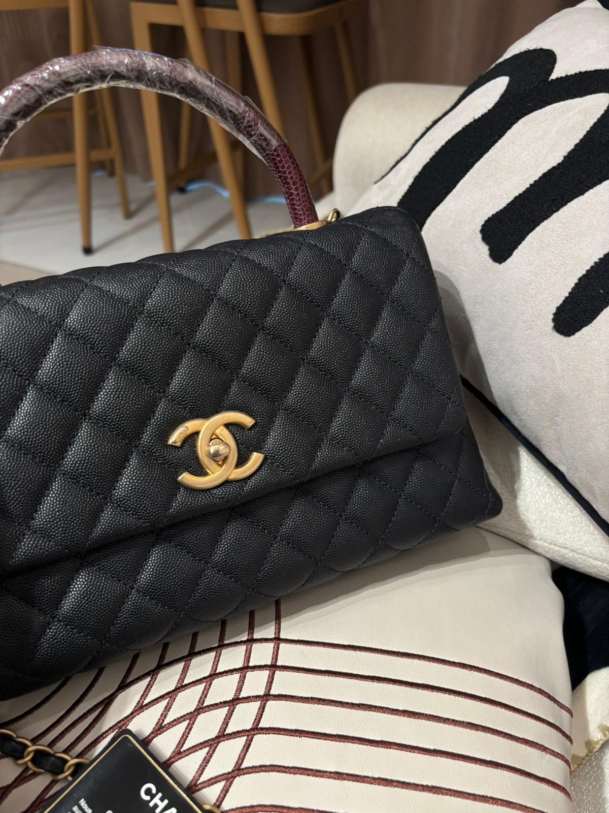 Chanel coco handle Medium 黑色荔枝牛皮金扣蜥蜴皮手柄 100%Authentic, 95%New ✅24Card✅Dust Bag✅Box